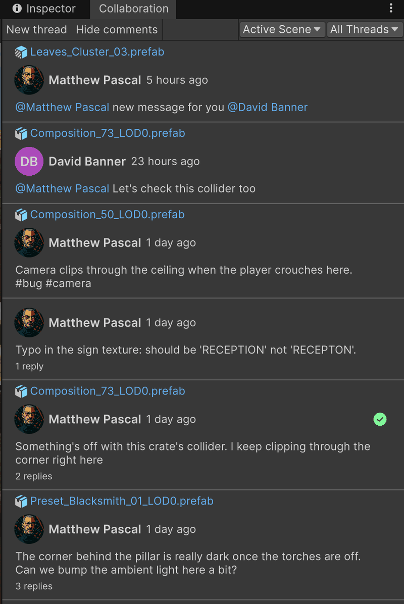 The Collaboration window showing a list of comment threads