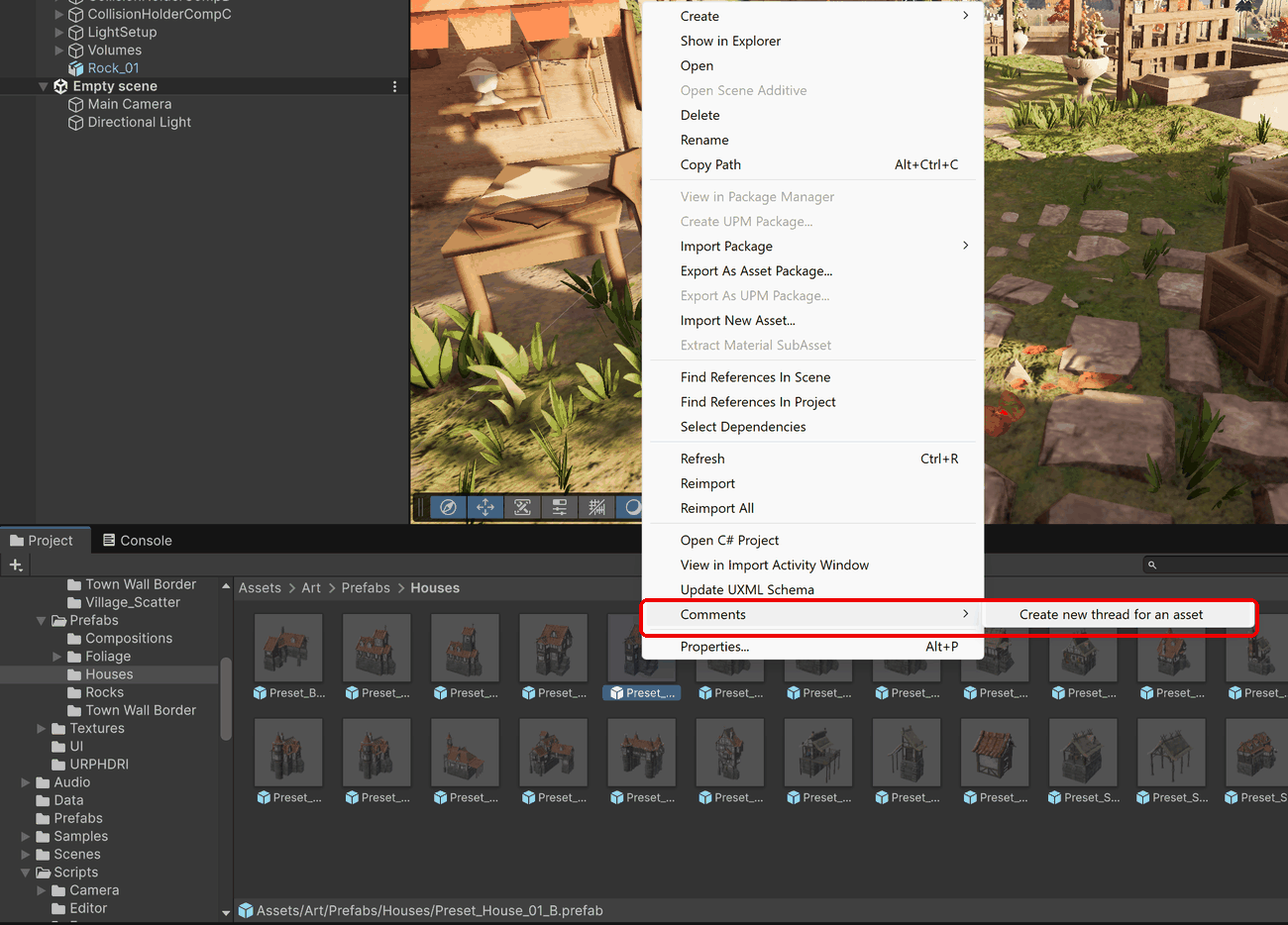 The Comments context menu on a project asset