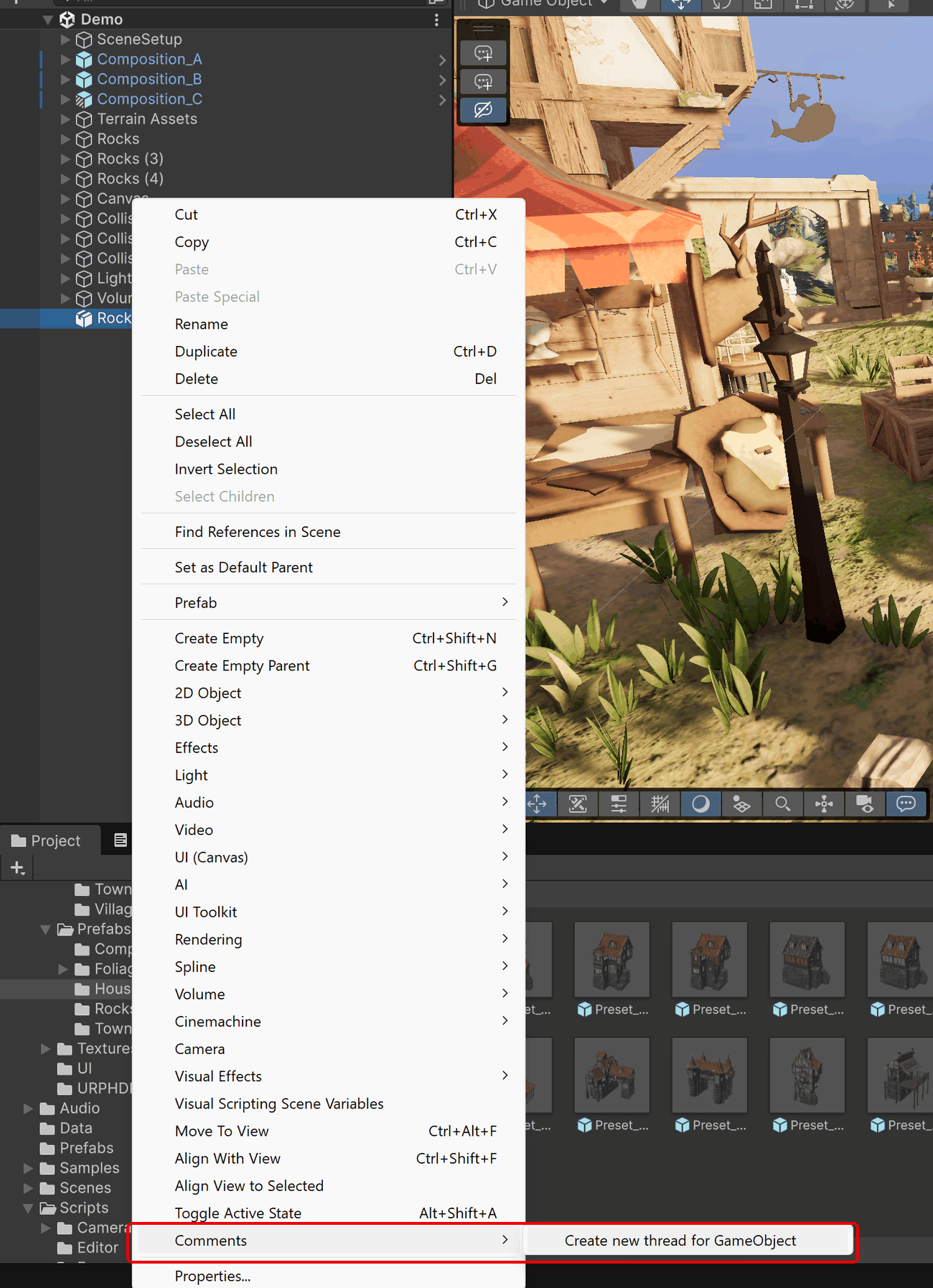 The Comments context menu on a GameObject