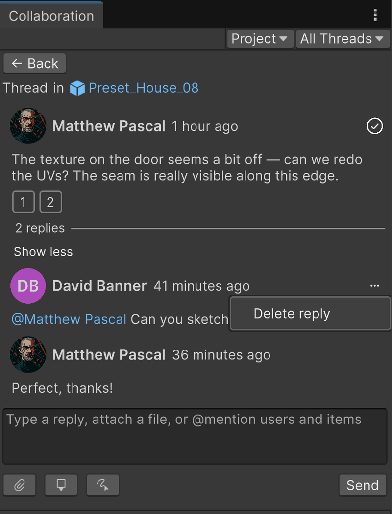The options menu on a reply, showing Delete reply