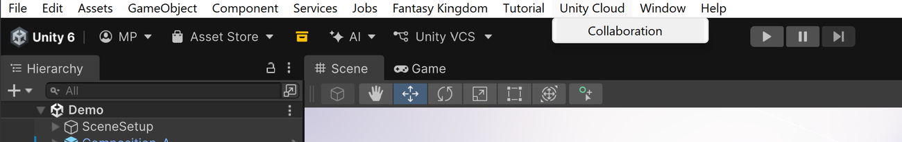 The Unity Cloud menu with the Collaboration entry