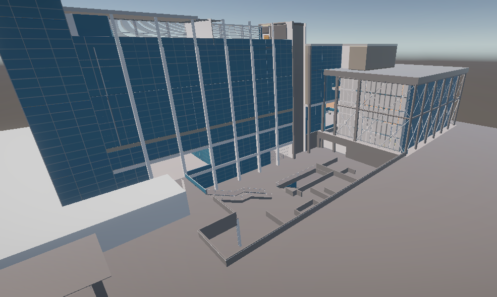 An outside drone view of a 3D rendered commercial office building