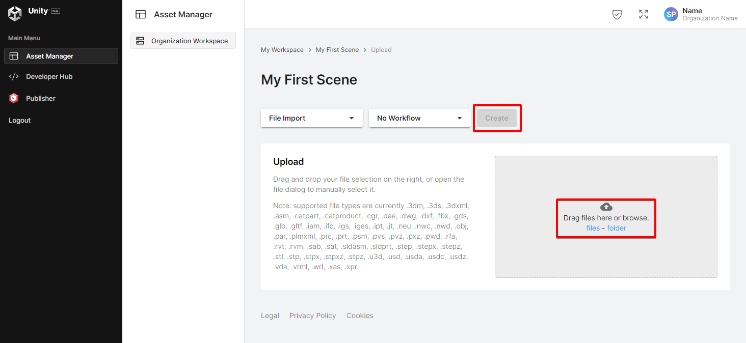 Screen capture that displays uploading a file for your scene