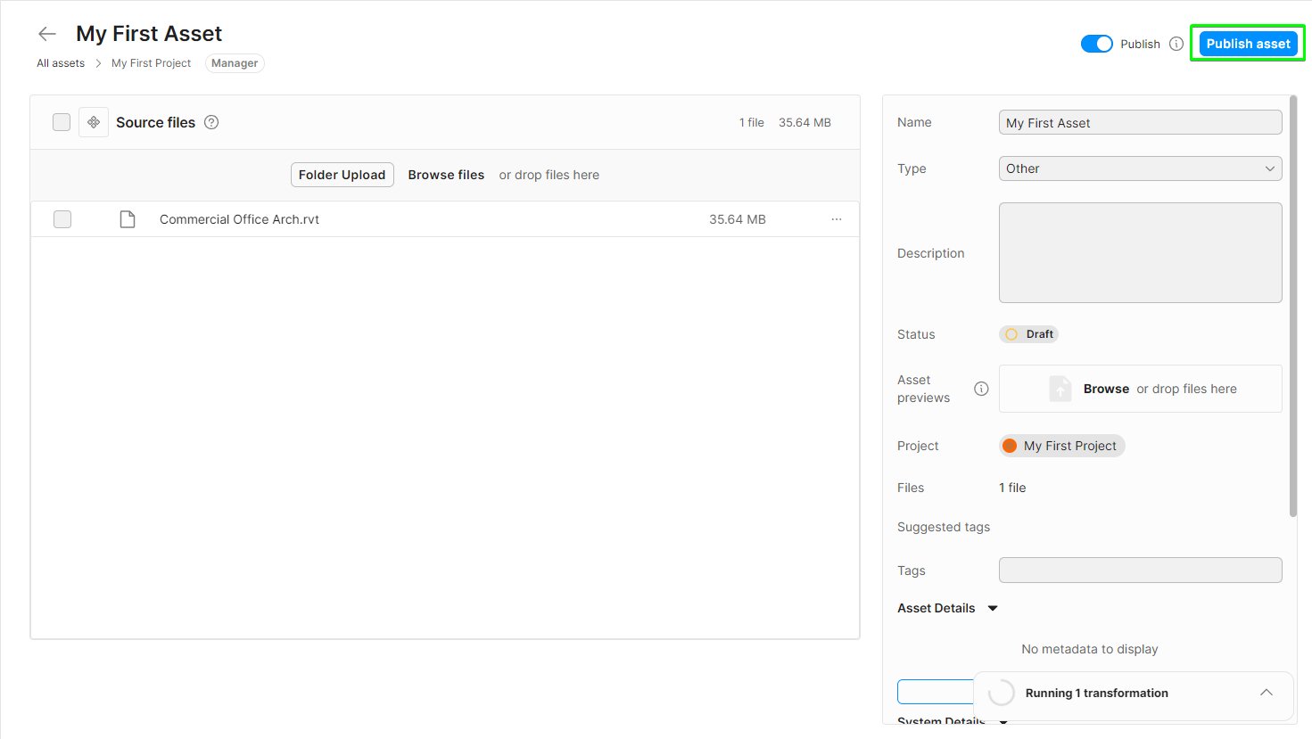 Screen capture that displays publishing your asset