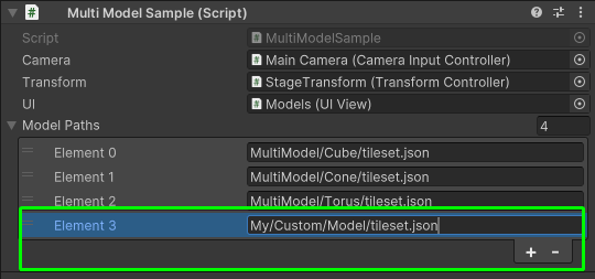 The MultiModelSample component in the inspector with an additional path for a custom model