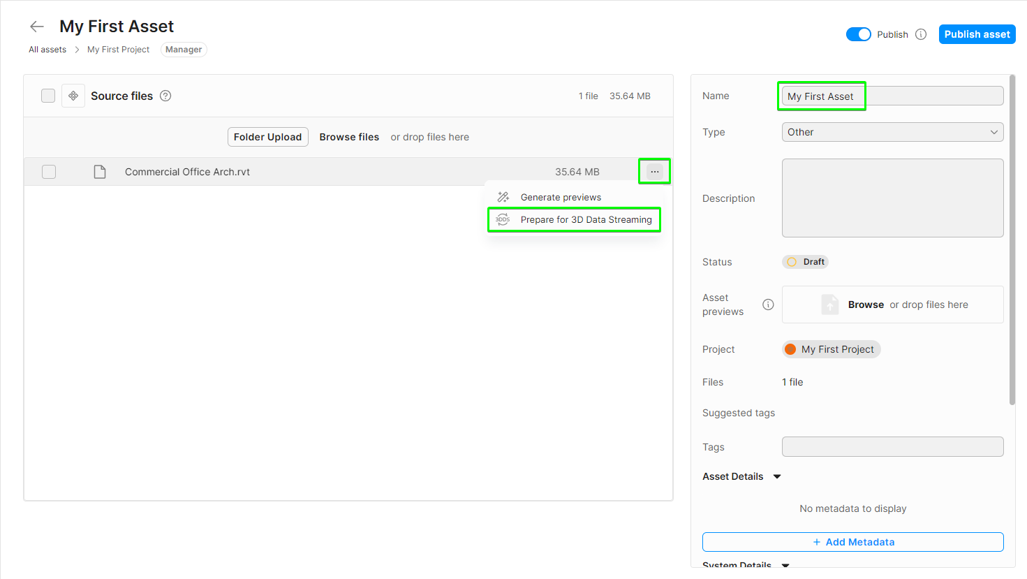 Screen capture that displays uploading files for your asset
