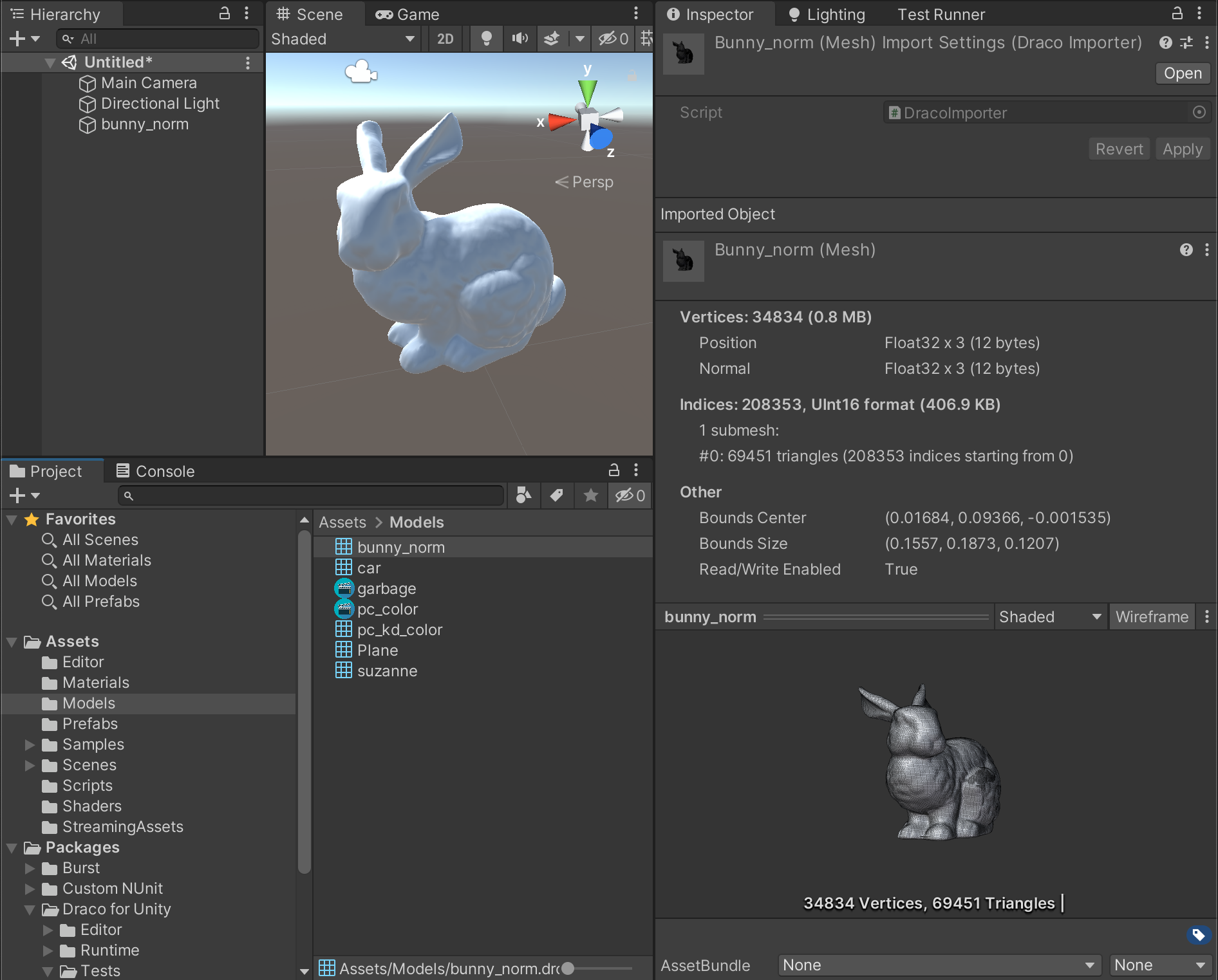 Screenshot of the Unity Editor with a Draco file asset selected and added to a scene.