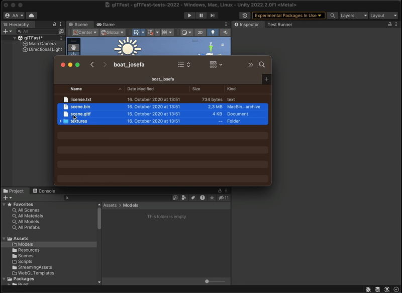 Video showing glTF files being copied into the Assets folder and imported Editor Import