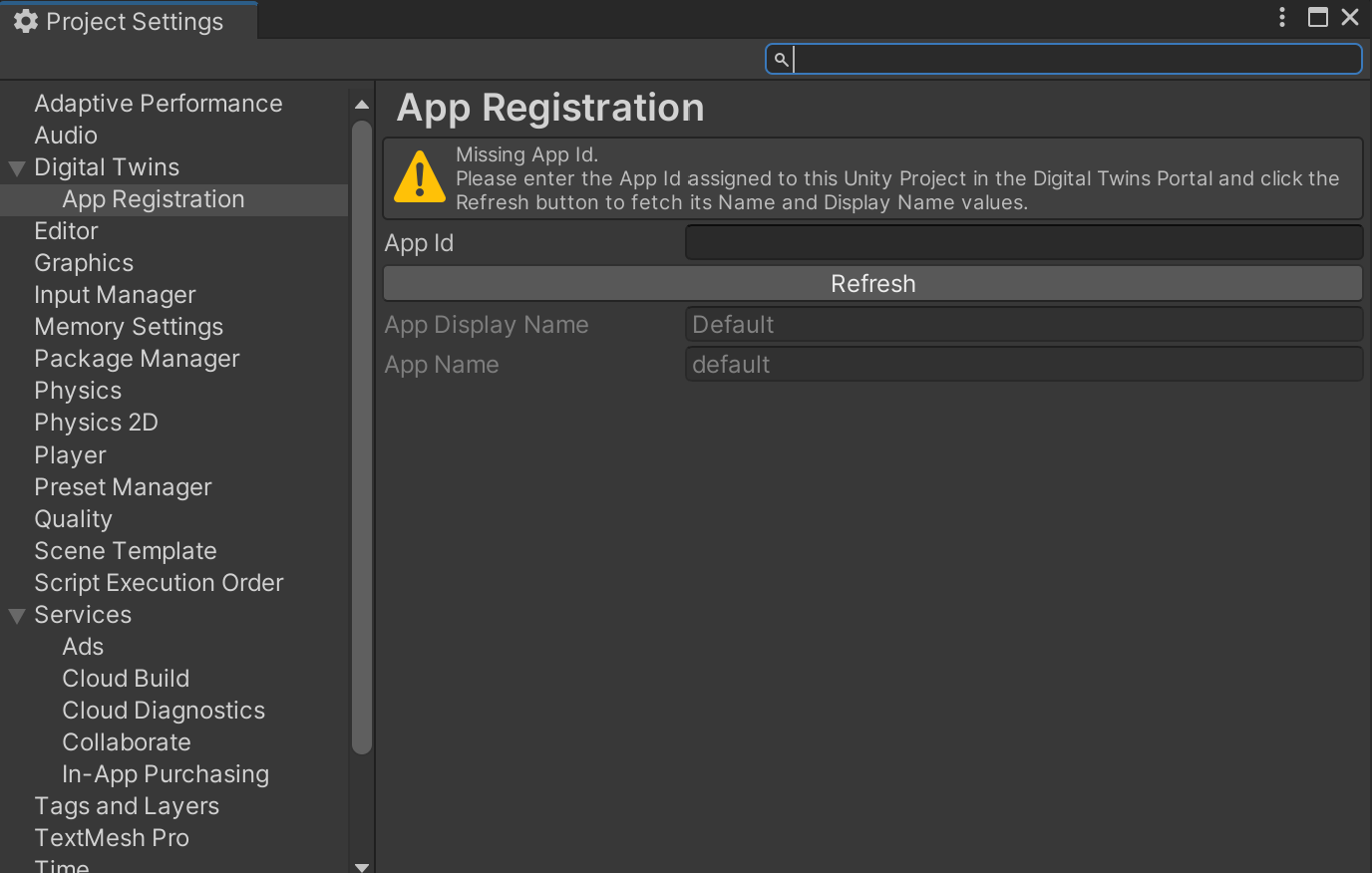 Entering the application identifier in Project Settings