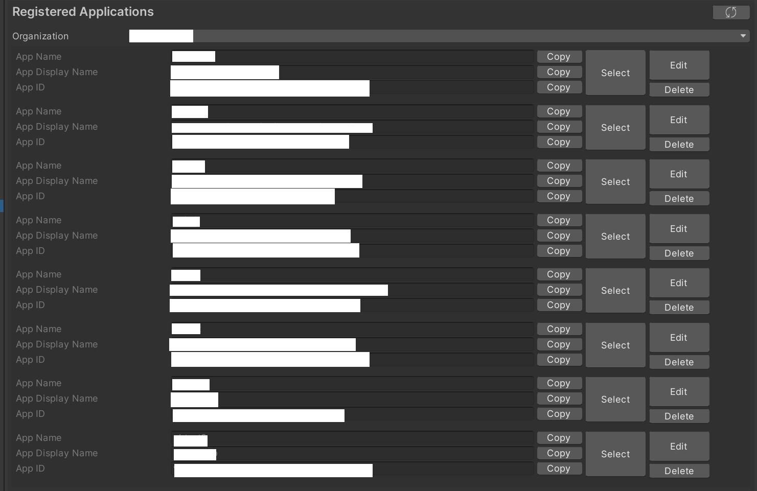 List of existing registered applications