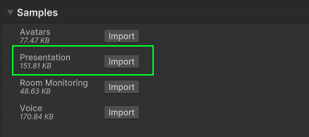 Screenshot of the samples import section of the package manager window