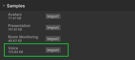 Screenshot of the samples import section of the package manager window