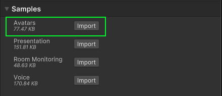 Screenshot of the samples import section of the package manager window