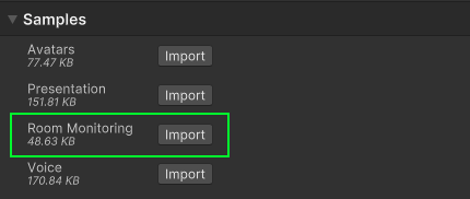 Screenshot of the samples import section of the package manager window