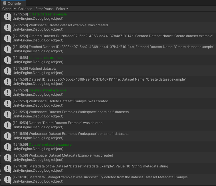 Screenshot of the console after the datasets examples run