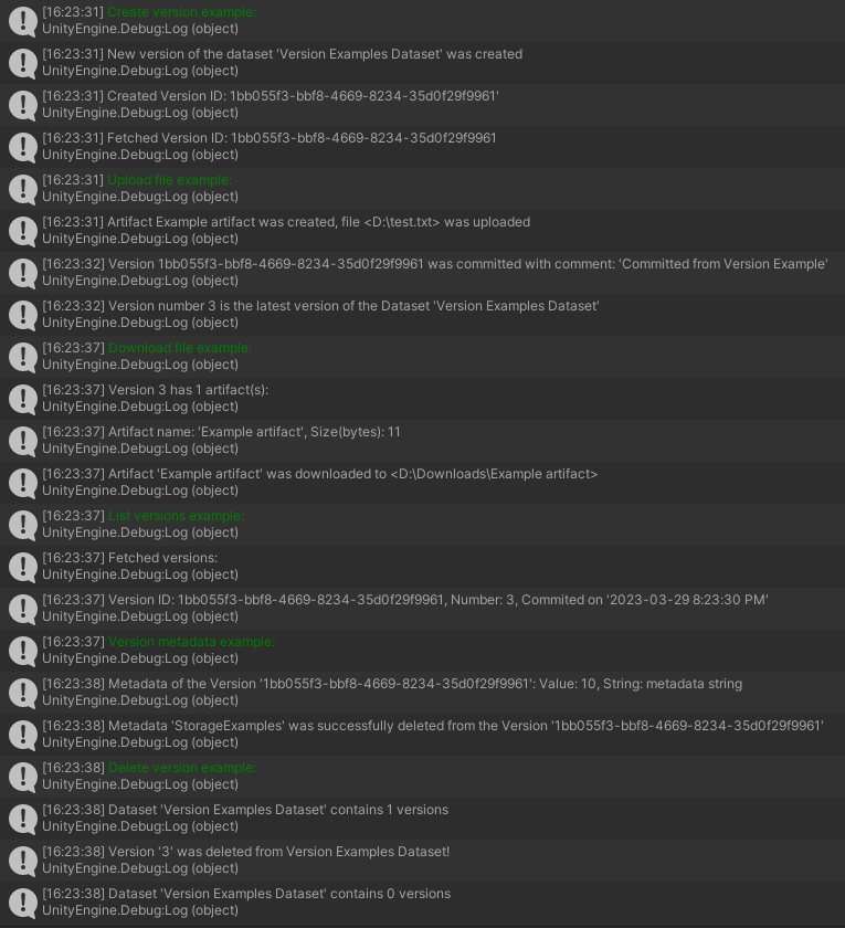 Screenshot of the console after the versions examples run