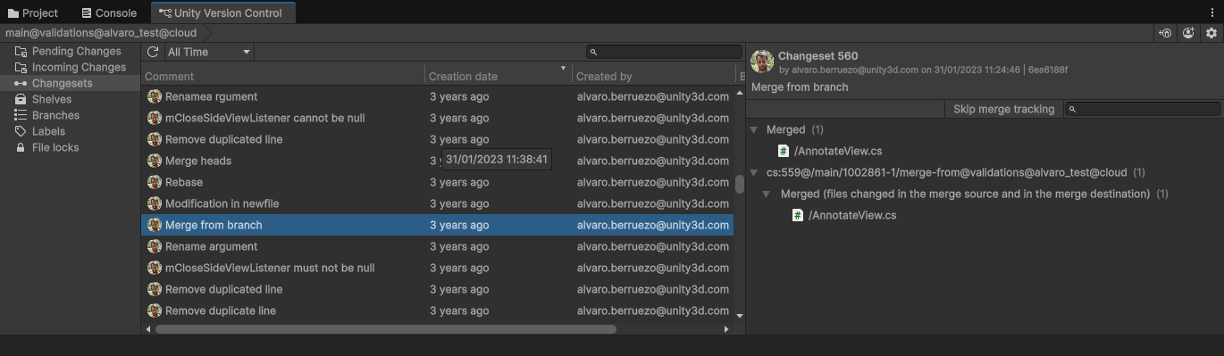 Changesets tab