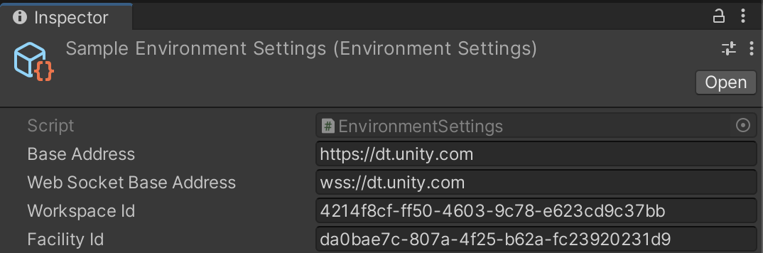 Screenshot of the Environment Settings sample values