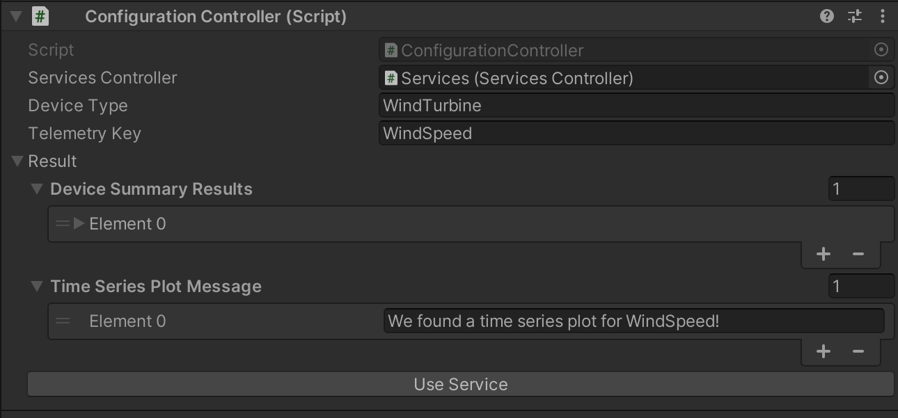 Screenshot of the configuration service result information