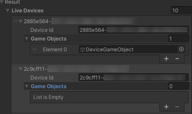 Screenshot of the live device's game objects