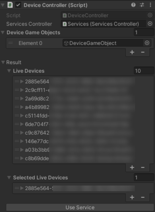 Screenshot of the device service result information