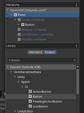 Demonstration of dragging an App UI Button from Library to Hierarchy