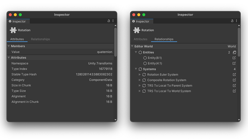 Component Inspector, Attributes (Left), Relationships (Right)