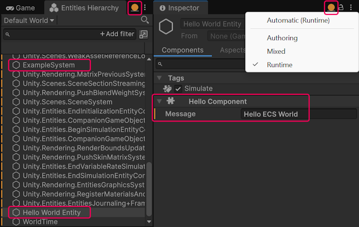 The Entities Hierarchy window displaying the new entity. The Inspector displays the new ECS component.