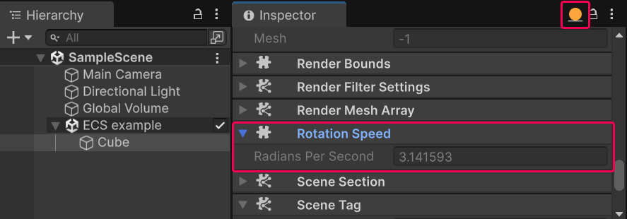 The cube with the Rotation Speed component in the Runtime data mode