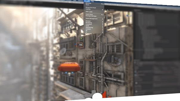 Futuristic scene featuring highly detailed 3D environments with complex lighting, reflections, and realistic materials.