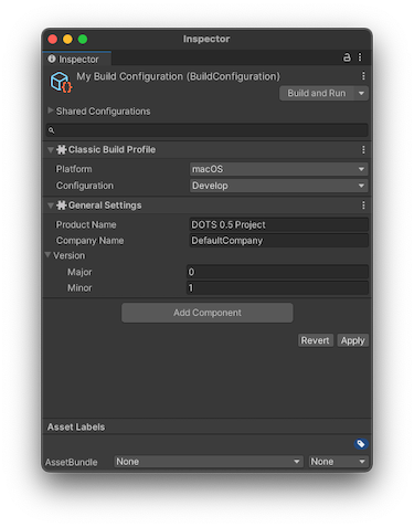 Inspector window with a Build Configuration asset with override components added