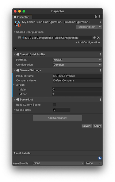 Build Configuration asset with a Shared Configuration. The General Settings has been edited.