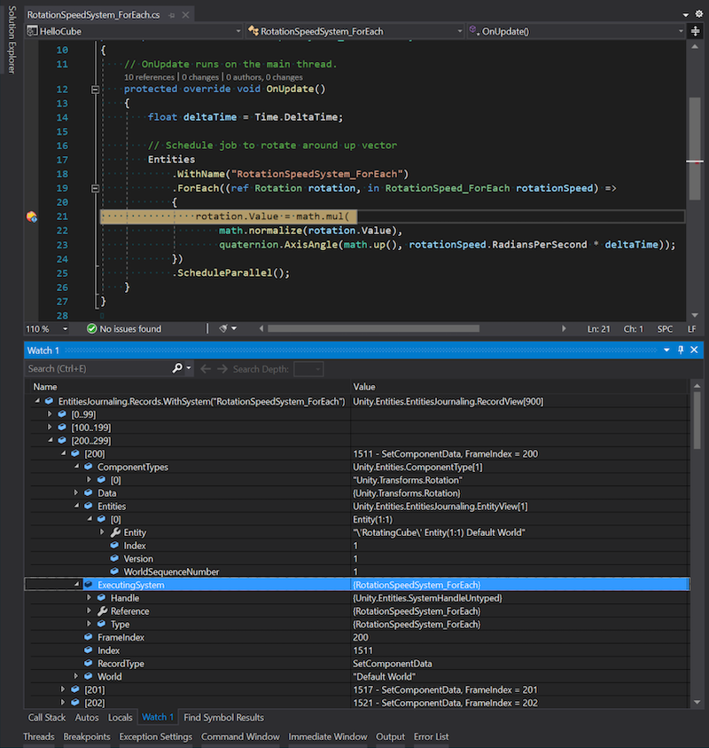 Visual Studio with Entities Journaling records