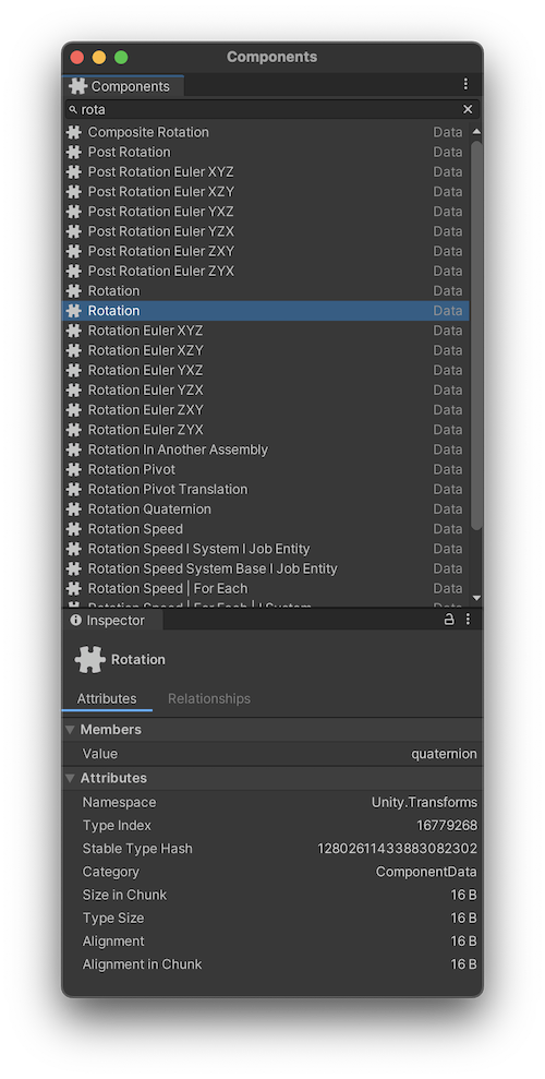 Components window with an open Inspector