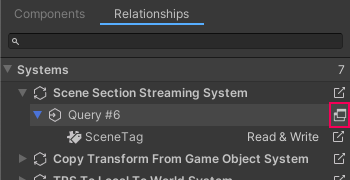 Query window button highlighted in the Relationships tab of an Entity Inspector.