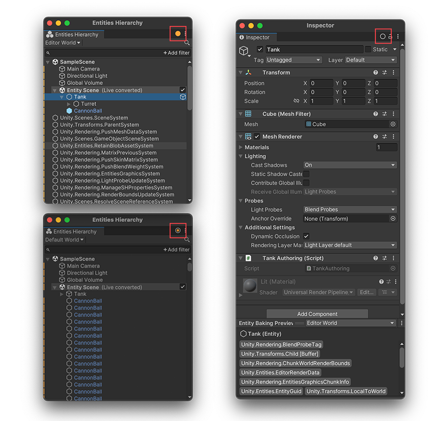 Entities Hierarchy window and Inspector with data modes highlighted. Clockwise, from top left, Entities Hierarchy in Runtime data mode, Inspector in Authoring data mode, and Entities Hierarchy in Mixed data mode. Additionally, Data that Unity destroys when you exit Play mode has an orange or red vertical bar