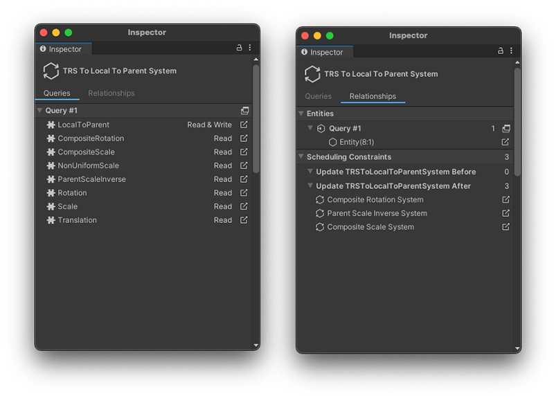 Systems Inspector - Queries (Left), Relationships (Right)