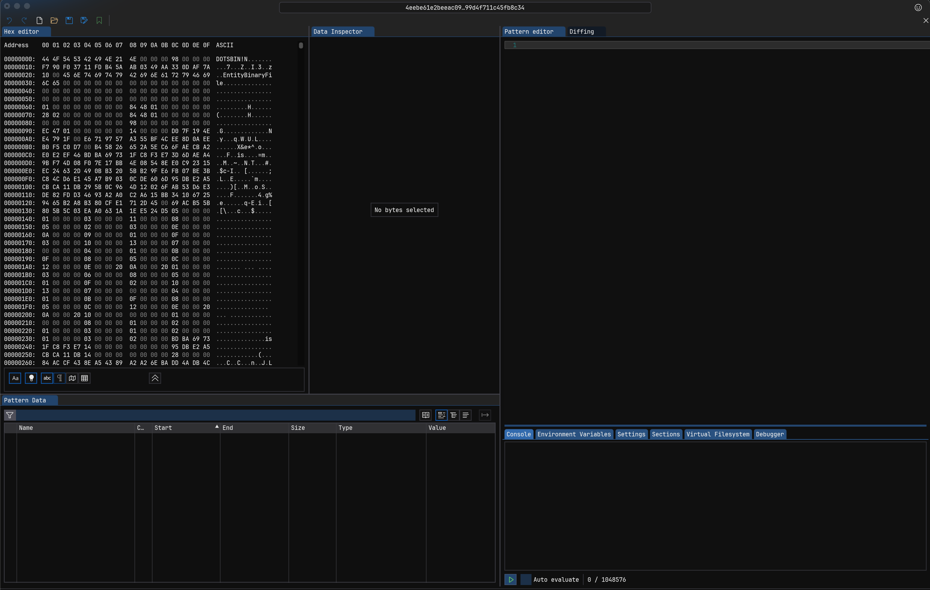 The ImHex editor inspecting a subscene without any markup.