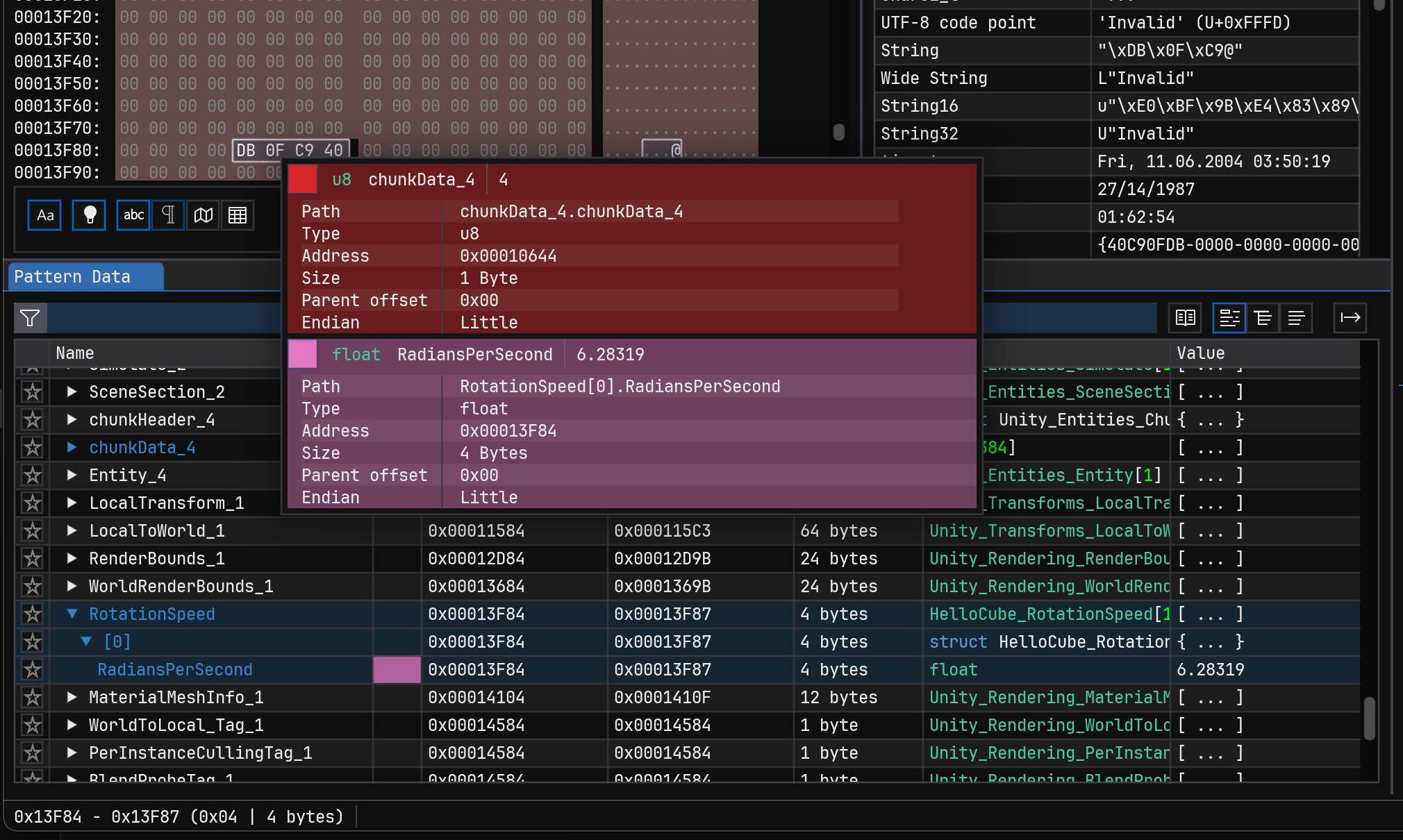 The ImHex editor inspecting a subscene with markup.