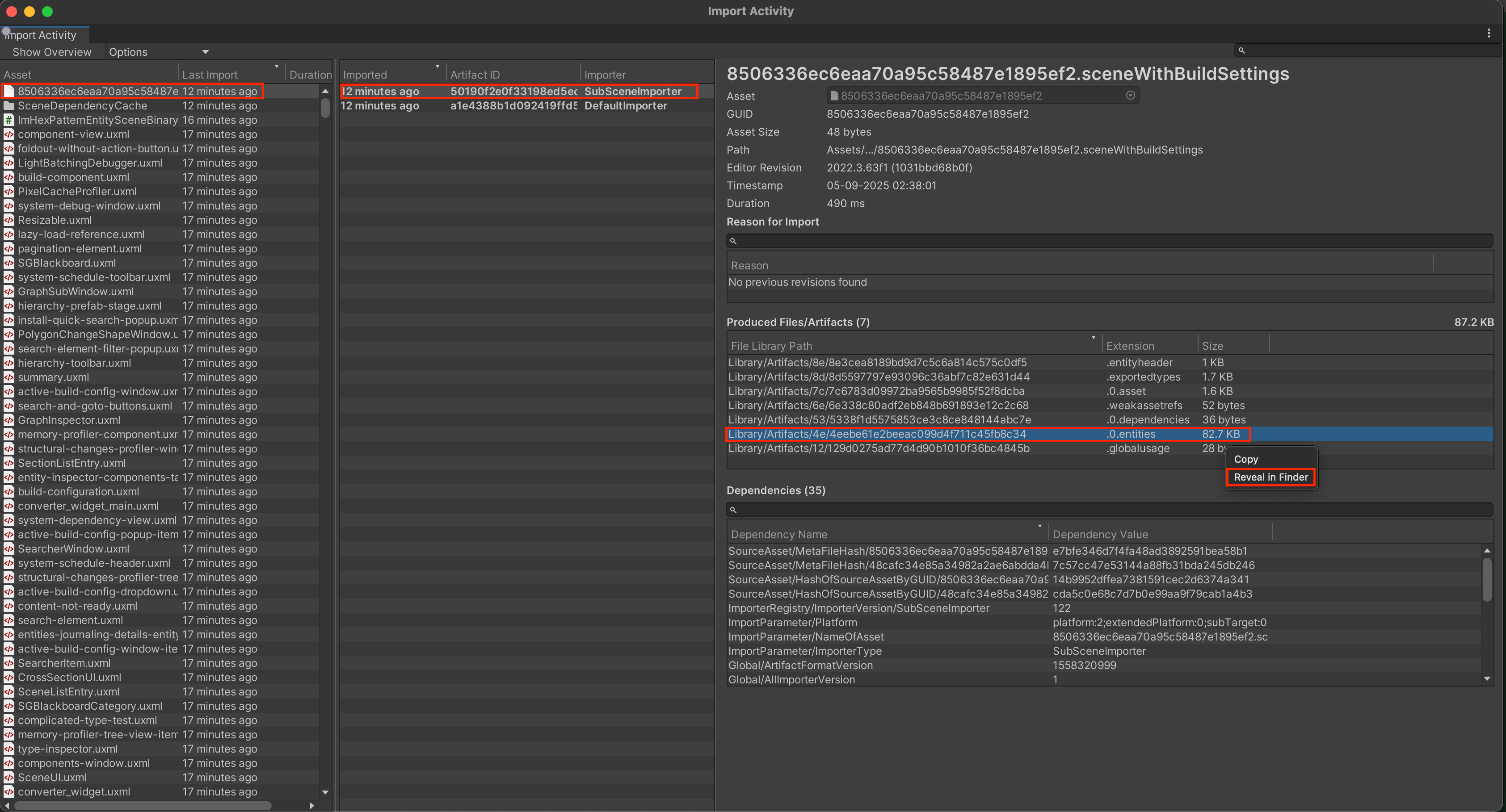Selecting the .0.entities file in the Import Activity window.