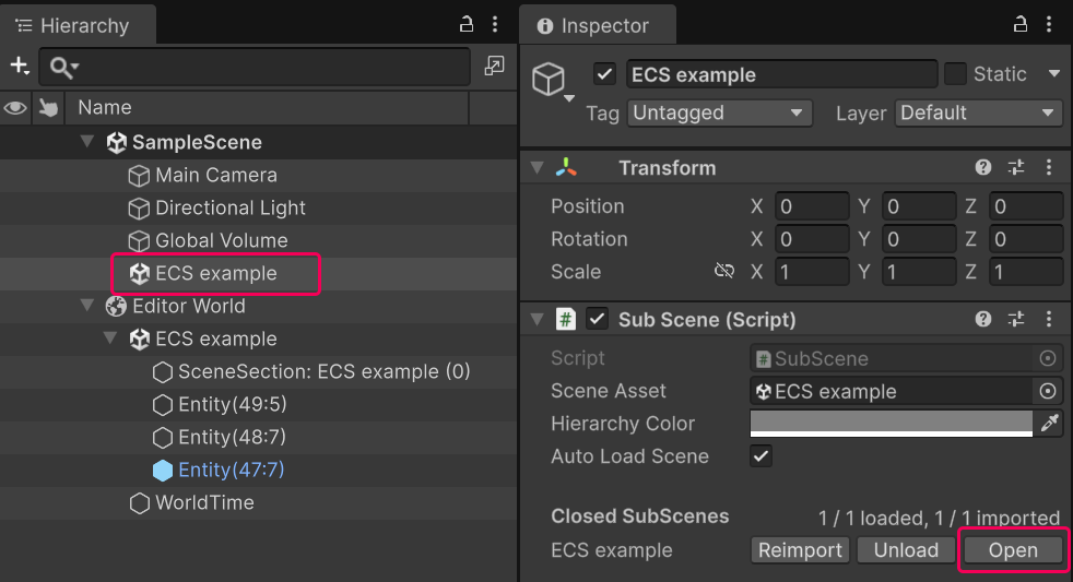 Hierarchy window with a subscene selected. The Open button is highlighted.