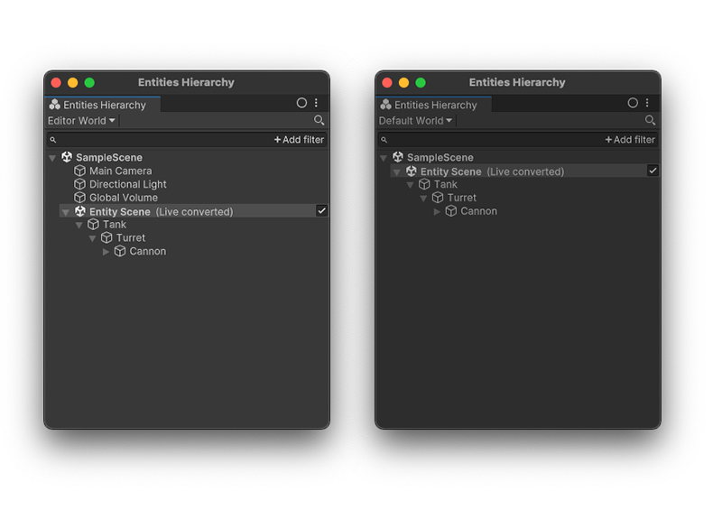 Entities Hierarchy window in Authoring data mode. Edit mode (Left), Play mode (Right).