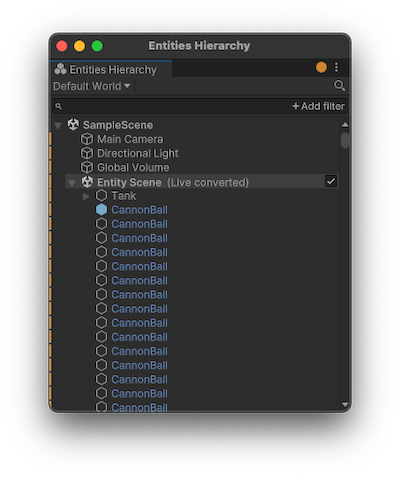 Entities Hierarchy window in Runtime data mode