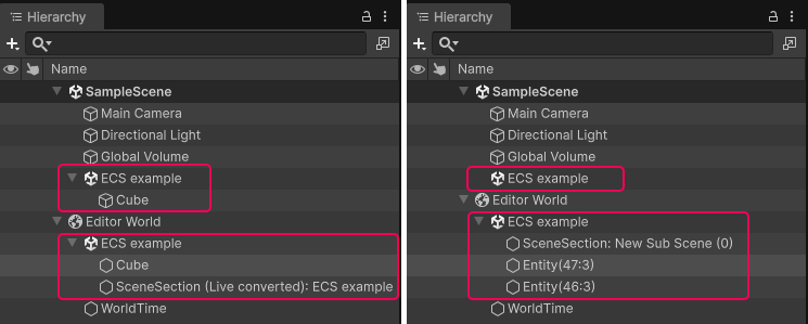 Hierarchy view when the subscene is open (left), and closed (right)