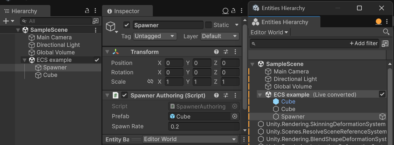 The Spawner GameObject in the regular Hierarchy window, and the Spawner entity in Entities Hierarchy.