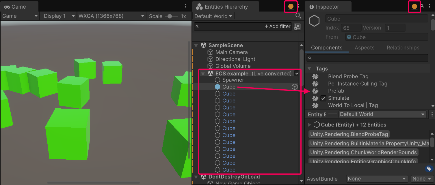 The Entities Hierarchy window displays the instantiated entity prefabs.