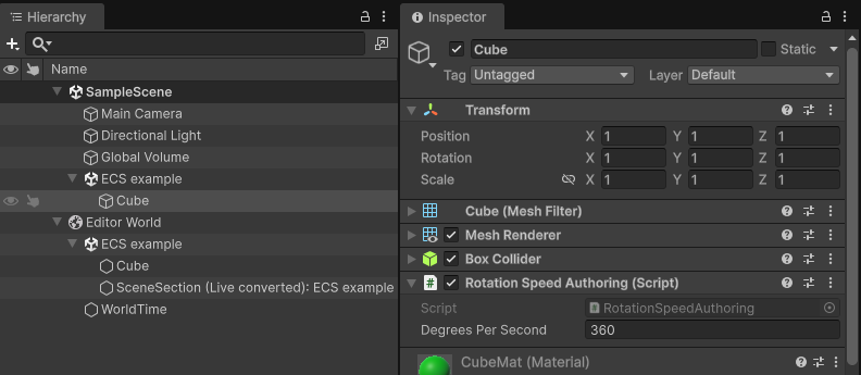 Cube GameObject in the subscene and the Cube entity in the Editor World