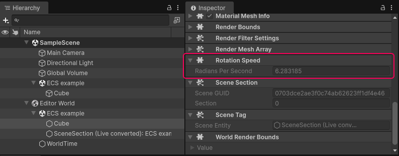 The cube with the Rotation Speed component in the Editor World node