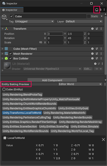 Inspector window displaying the Entity Baking Preview section with Unity.Transforms.LocalToWorld selected.