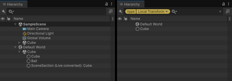 Hierarchy view with no filter (left), and with the t:LocalTransform filter (right)